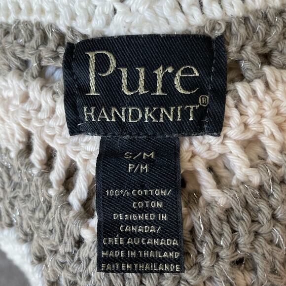 Pure Handknit Cotton Shawl T-Back Vest Open front Striped w/ Metallic knit S/M - Picture 4 of 5